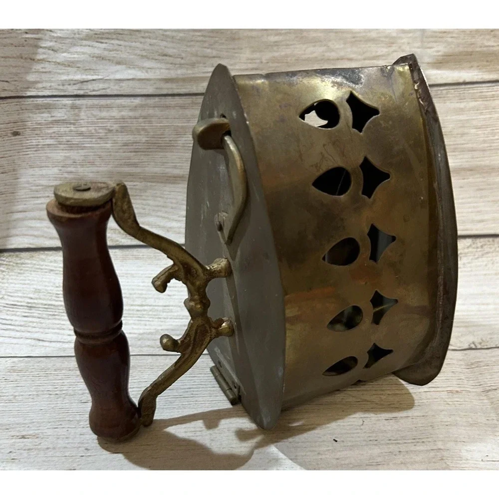 Vintage Brass Sad Iron Trinket Box Ashtray Wood Handle Tub12